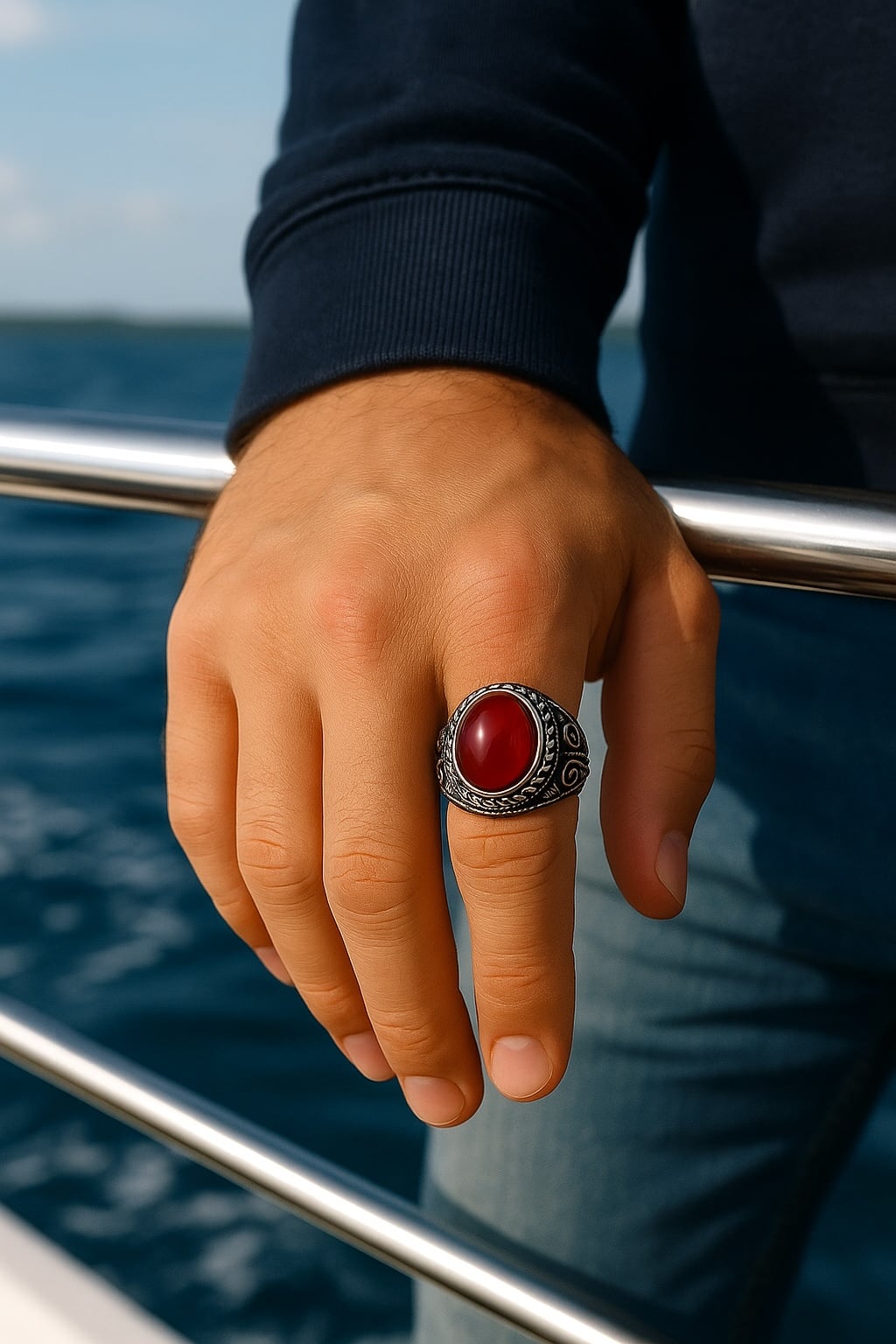 Bague homme chevaliere acier onyx ovale
